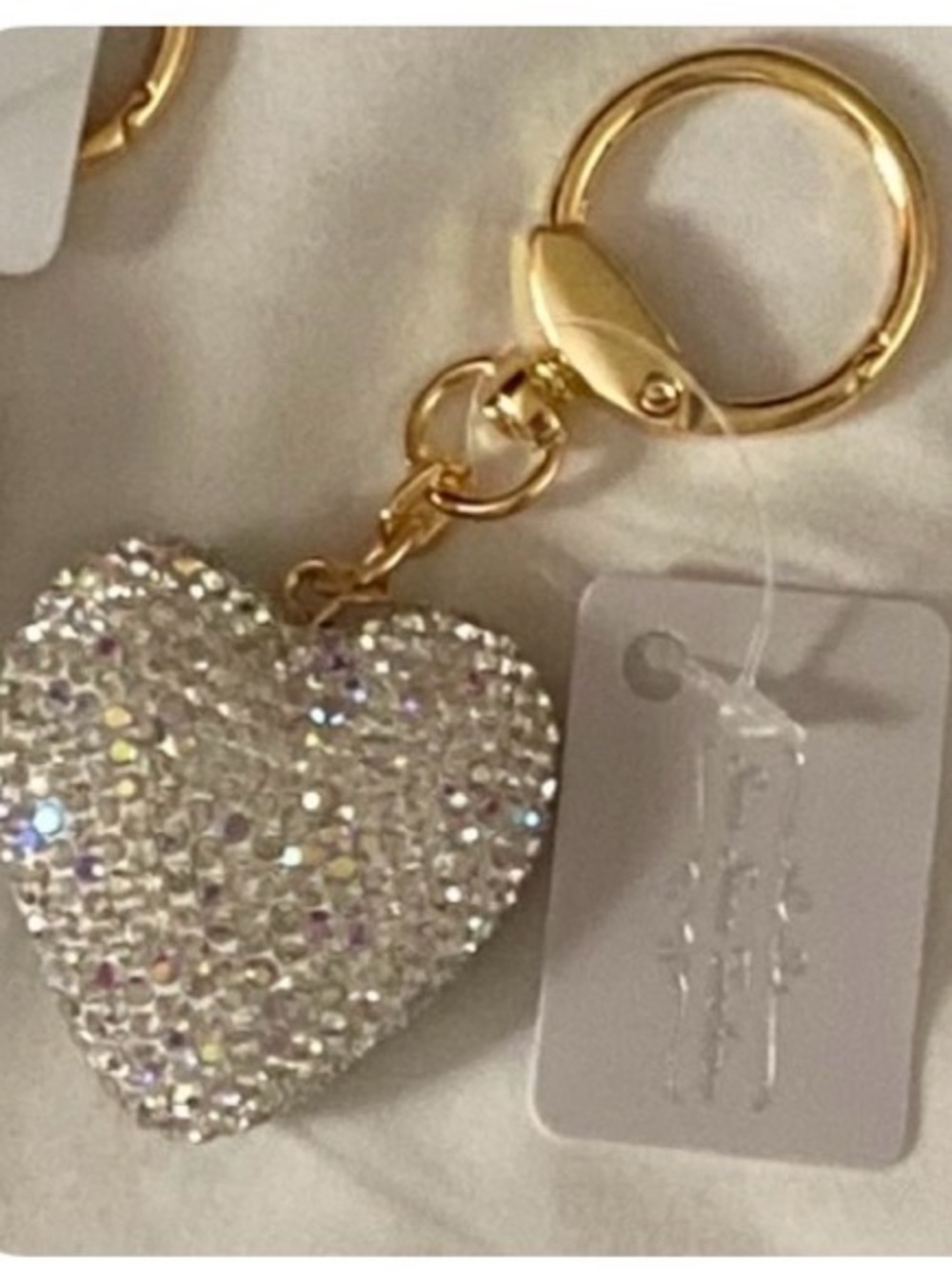 Gold-Tone White Crystal Heart Key & Card Holder Charm